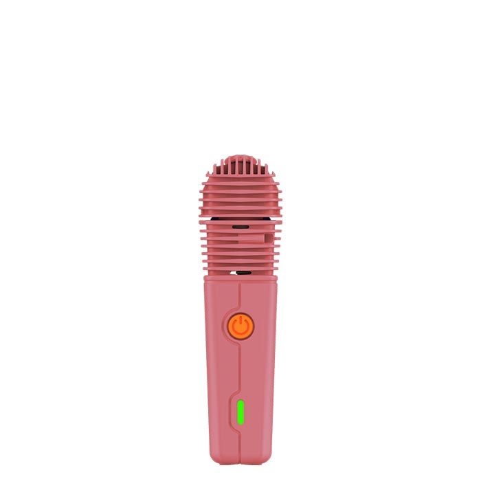 VEAZY Dry Herb Vaporizer featuring a handheld, grille-topped design with a central power button and LED indicator, highlighting its portable and intuitive functionality.