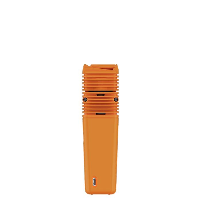Slim, handheld VEAZY Dry Herb Vaporizer with top grille and bottom USB-C port, featuring advanced heating and precise temperature control by STORZ & BICKEL.