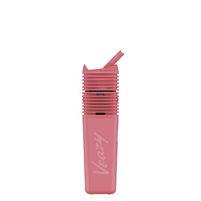 VEAZY Dry Herb Vaporizer, pocket-sized with a rectangular body, flip-up mouthpiece, and pod slot, offers precision heating and app connectivity for customization.