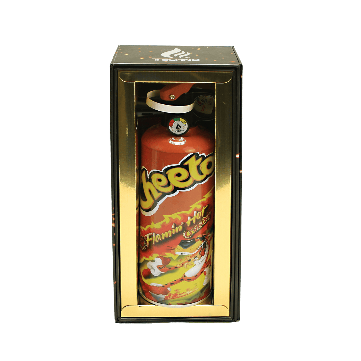 Cheetos – 8.5 Fire Extinguisher Torch in a Flamin’ Hot Cheetos can design, gift-boxed, featuring a mock gauge, flame control, and trigger ignition.