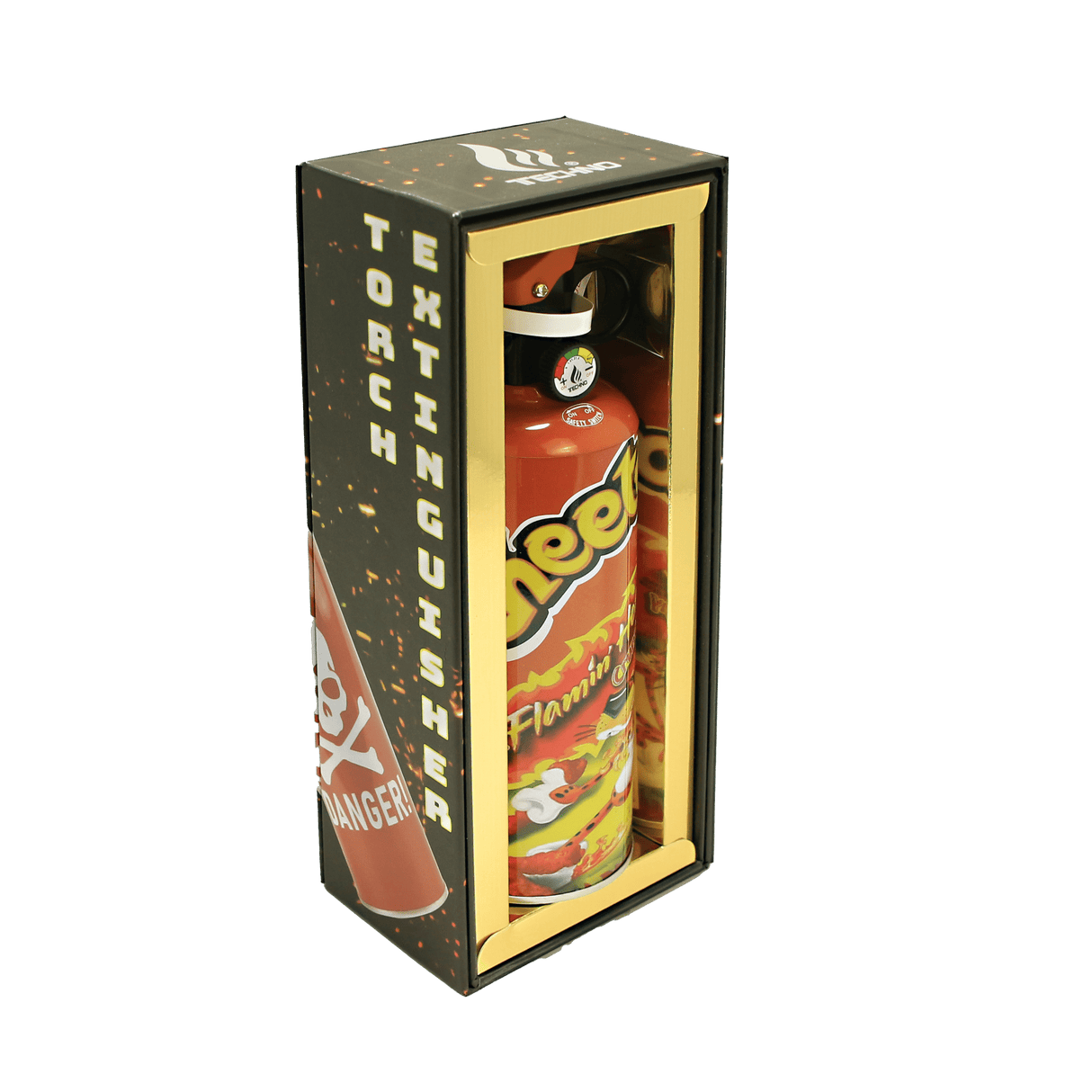 Cheetos – 8.5 Fire Extinguisher Torch: Novelty tabletop blow-torch with Flamin’ Hot Cheetos-themed canister, trigger ignition, adjustable flame, in a bold, gift-ready display box.