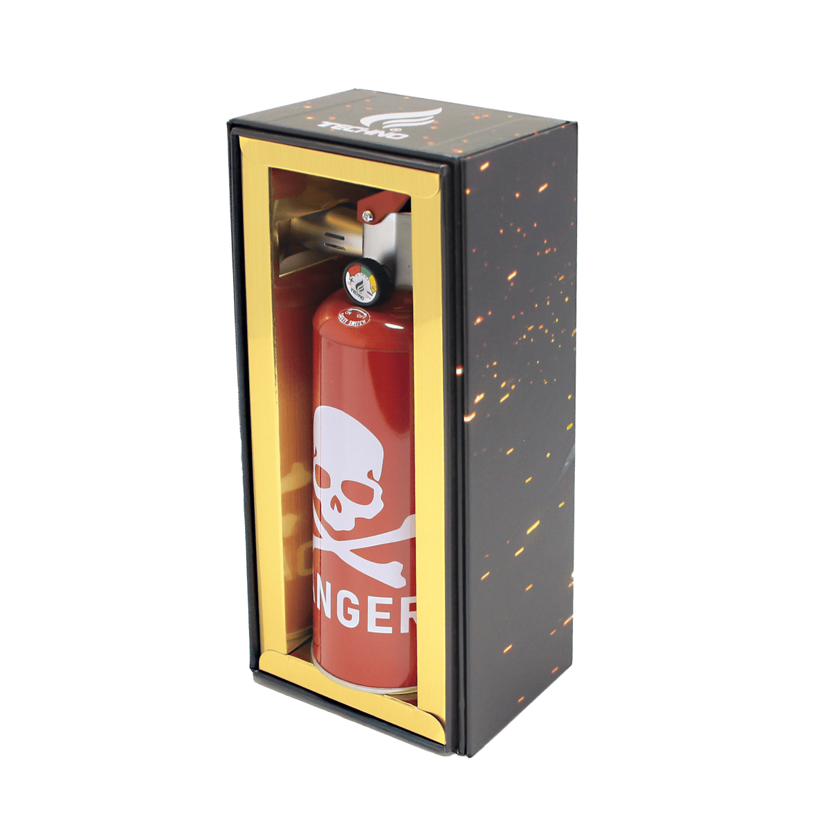 Danger – 8.5 Fire Extinguisher Torch, a red canister lighter with a skull graphic, in a black gift box showcasing its extinguisher-inspired design and features.
