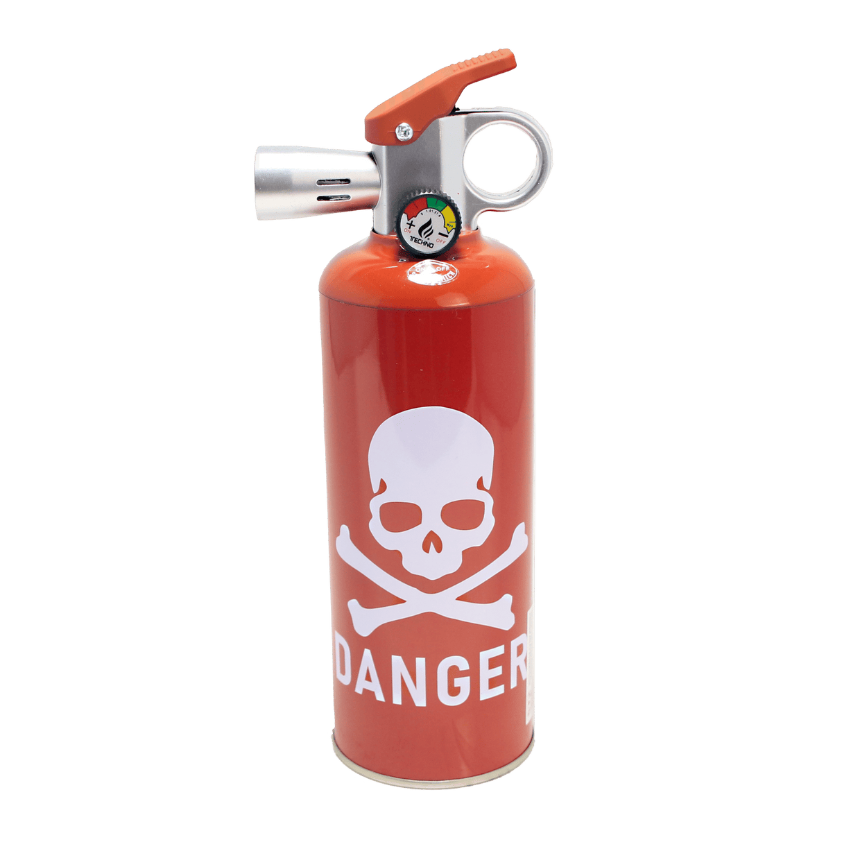 Danger – 8.5 Fire Extinguisher Torch featuring a red fuel cylinder with skull-and-crossbones warning, valve handle, pressure gauge, and torch nozzle.