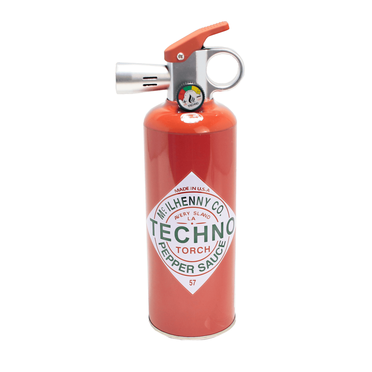 Tobasco Pepper – 8.5 Fire Extinguisher Torch: Mini torch-style hot pepper sauce bottle, resembles a fire extinguisher with trigger ignition, flame control, and mock pressure gauge.