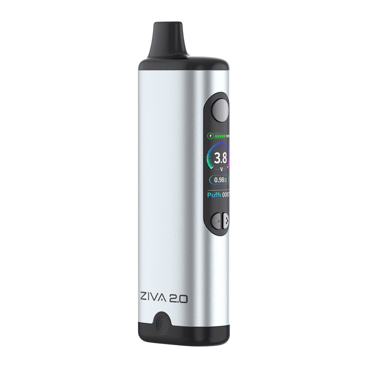 Ziva 2.0 510 Battery, a sleek metallic vape with OLED display, mouthpiece, firing button, and adjustment controls, showcasing voltage, resistance, and puff count.