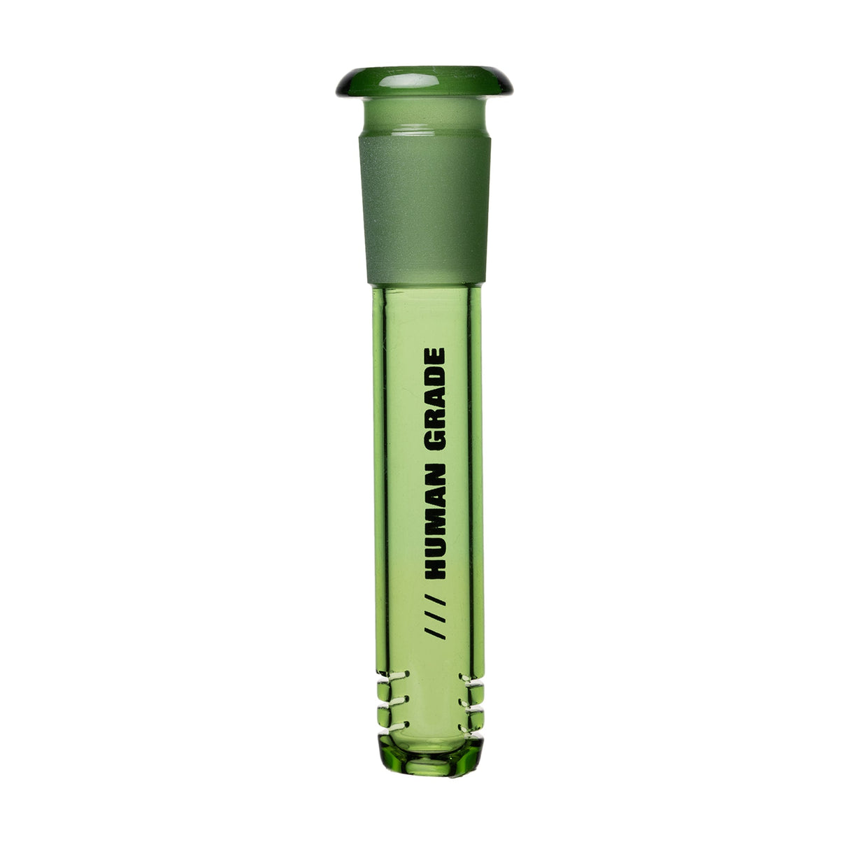 Green-tinted glass downstem with built-in diffuser slits, stamped HUMAN GRADE, fits 14mm female joints for water pipes.