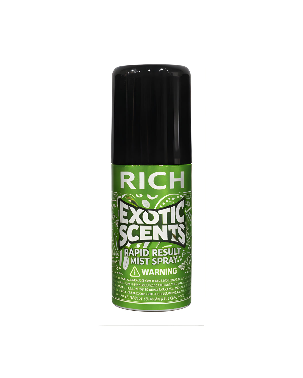 Rapid Result Mist Spray - 2nd Edition in a green aerosol can with RICH label, designed for quick odor neutralization, featuring leaf graphics and warning icon.