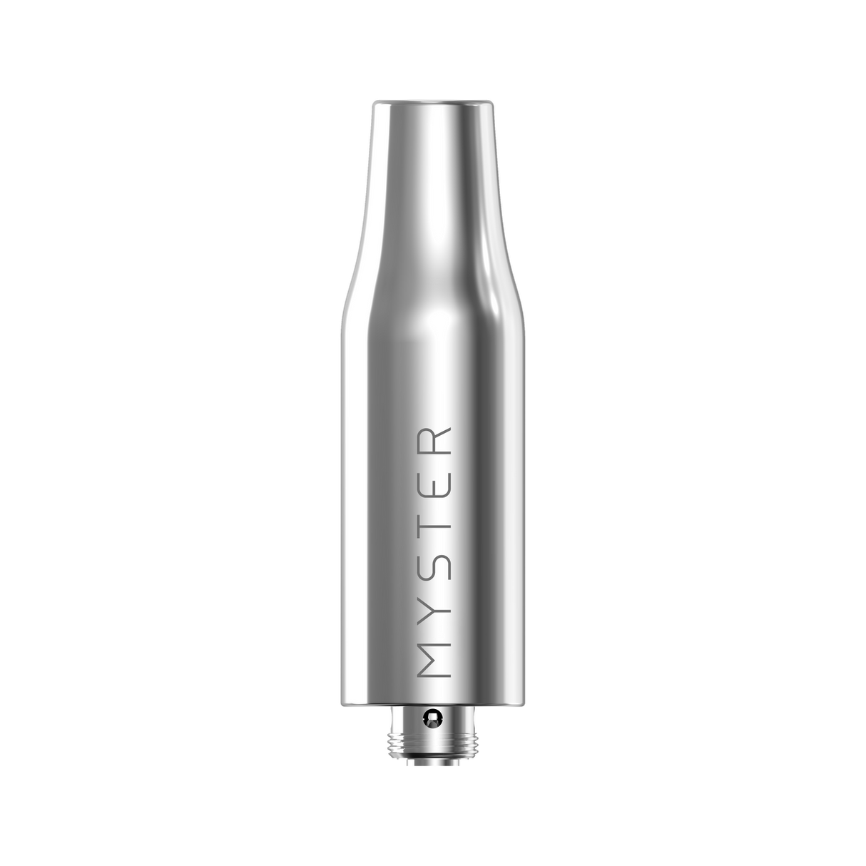 Close-up of 510 Oil Chamber - 2 pack, featuring polished metal atomizer with MYSTER branding, 510-thread connection, and tapered mouthpiece, compatible with vaporizer batteries.