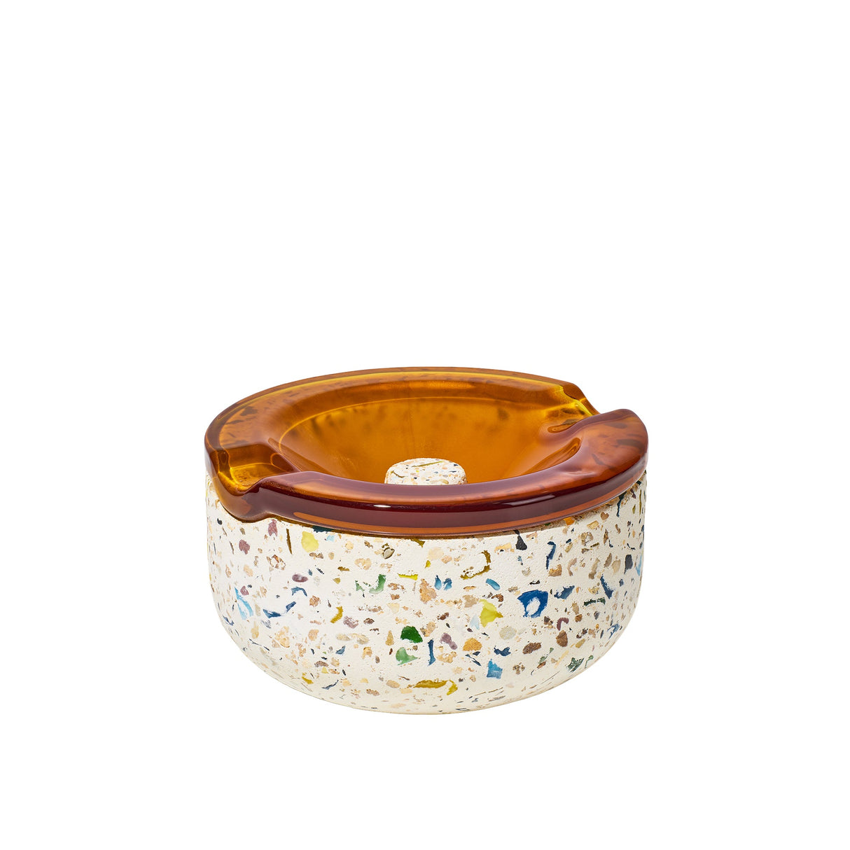 Symi Ashtray with terrazzo base and amber-tinted glass insert, featuring built-in cigarette rests and integrated grooves for functionality.