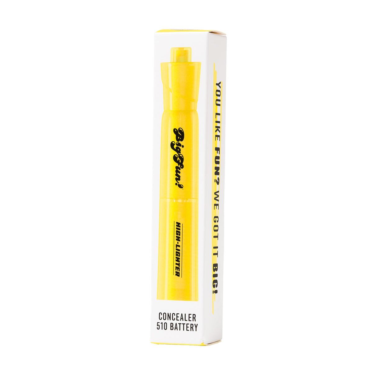 BigFun! High-Lighter 510 Vaporizer battery styled as a yellow marker, in white packaging with black text, featuring compact design and 510-thread compatibility.