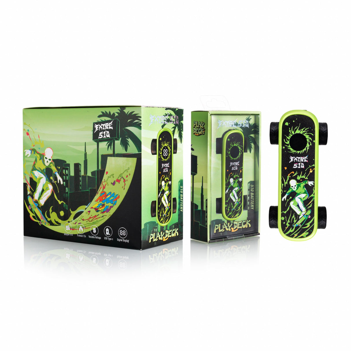 Playdeck Skateboard 510 Battery displayed with packaging featuring a skeleton skater design; includes digital display, USB-C port, and variable voltage controls.