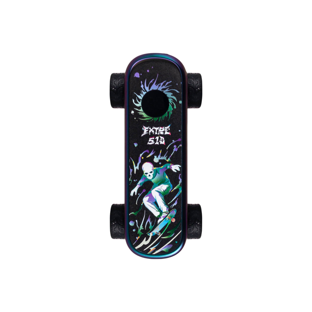 Top-down view of the Playdeck Skateboard 510 Battery with visible wheels, featuring a skull skater graphic on the grip tape against a colorful background.