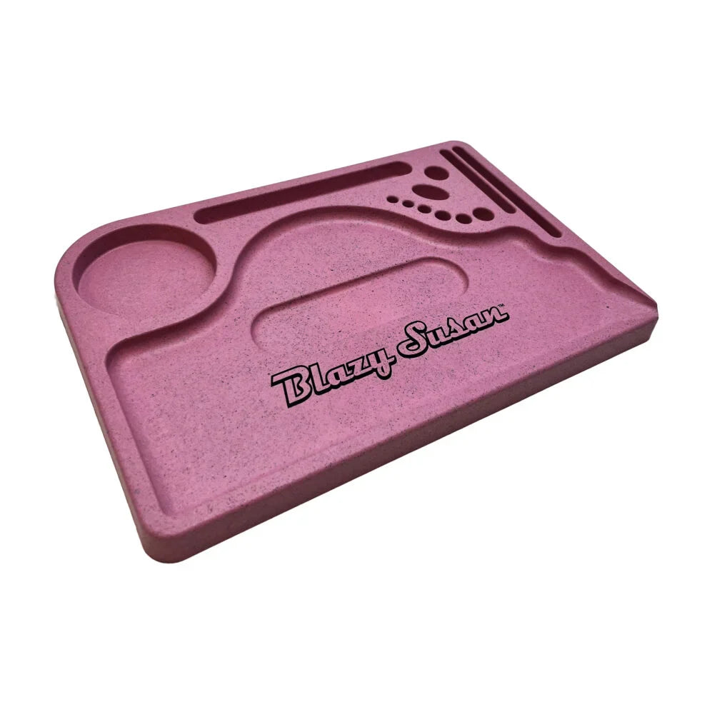 Pink Hemp Plastic Rolling Tray with speckled design, featuring recessed compartments for organizing tools and essentials, crafted from durable, biodegradable hemp plastic for eco-conscious use.