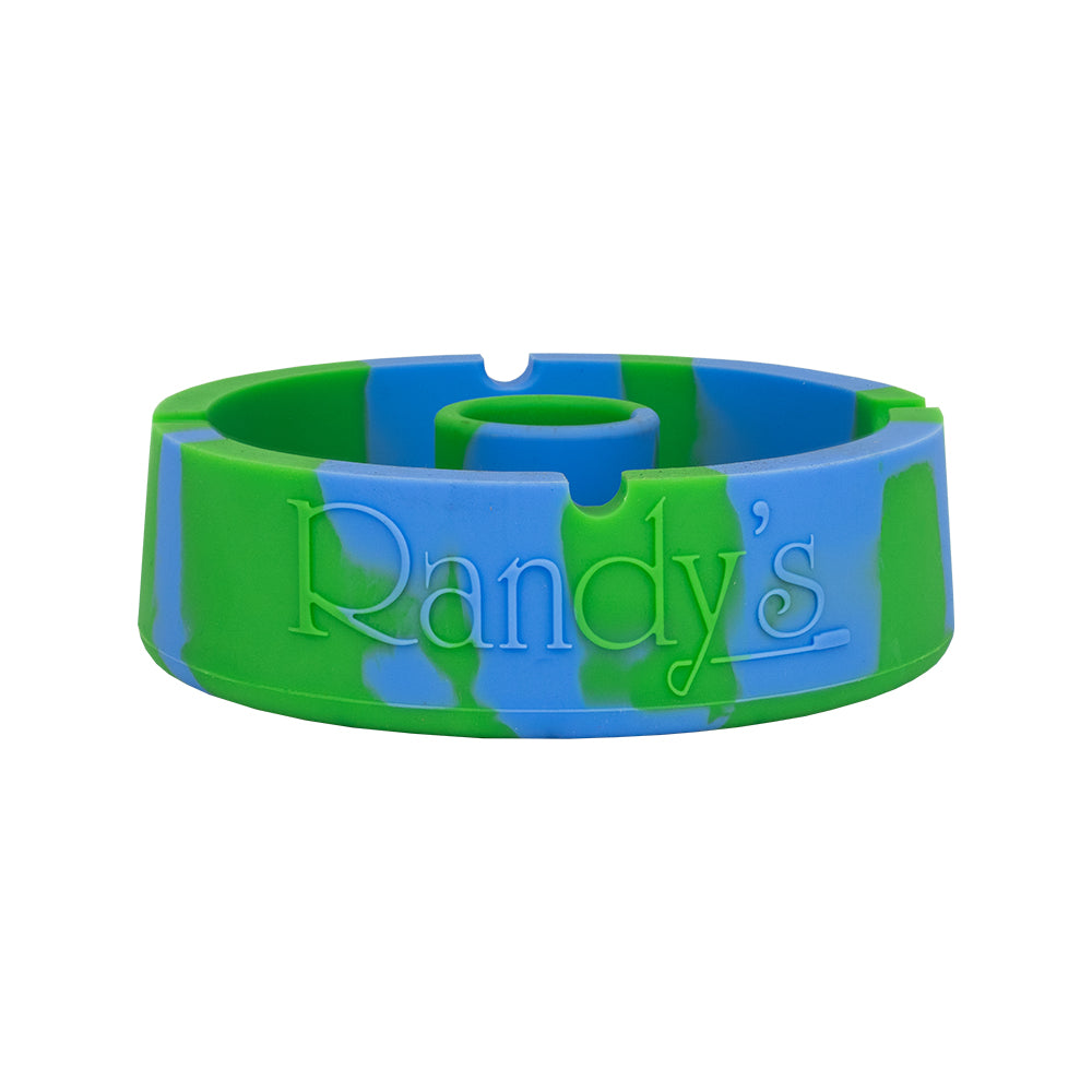 Randy's Round Silicone Ash Tray in camo pattern, featuring three notches, center post, and built-in storage slots for smoking tools.