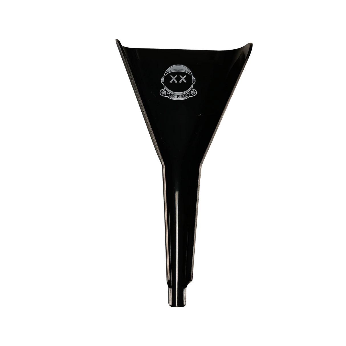 Black Bioplastic Cone Loader with astronaut-helmet logo GET LOST, designed for ergonomic handling and precision packing, made from eco-friendly bioplastic for sustainability and portability.