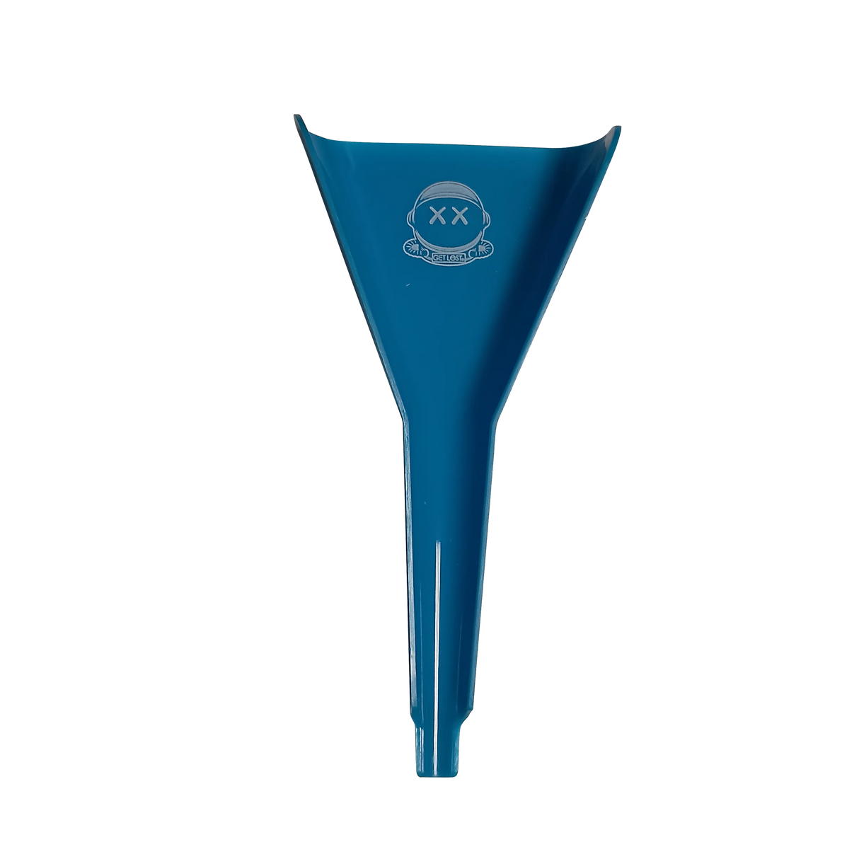 Bright blue Bioplastic Cone Loader with narrow spout, wide mouth, and GET LOST graphic, designed for efficient material preparation and sustainable use.