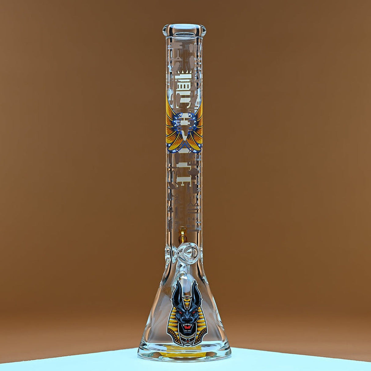 18 Beaker Bong - Anubis with dragon design, featuring robust glass construction for stability and a spacious 18-inch height for smoother smoking sessions.