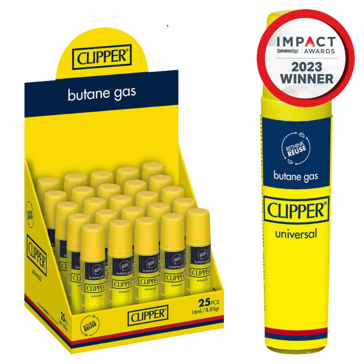 16ml Butane Gas - 25 units, featuring yellow cans designed for efficient lighter refills with Clipper's 7x refined, pure, and eco-friendly butane gas.