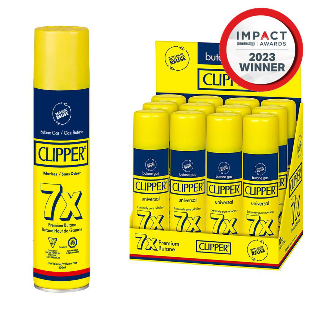 300ml Butane Gas - 12 units, featuring a blue and yellow spray can design with clear labeling, ideal for refilling lighters with ultra-pure butane.