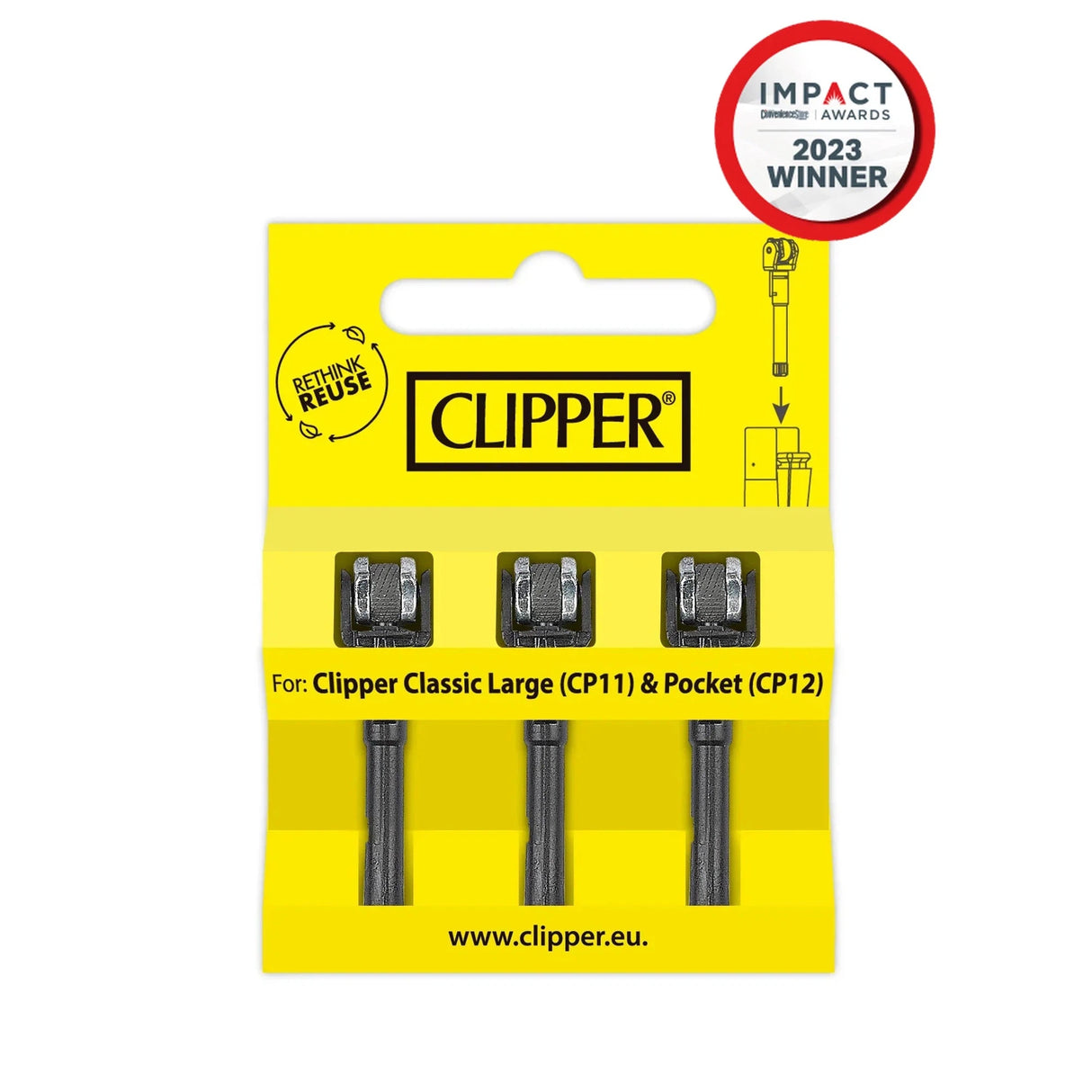 Spark Wheel Replacement - 12 Pack displayed with visible metal components and packaging, highlighting the replaceable packing tool feature and the flint system for Clipper lighters.