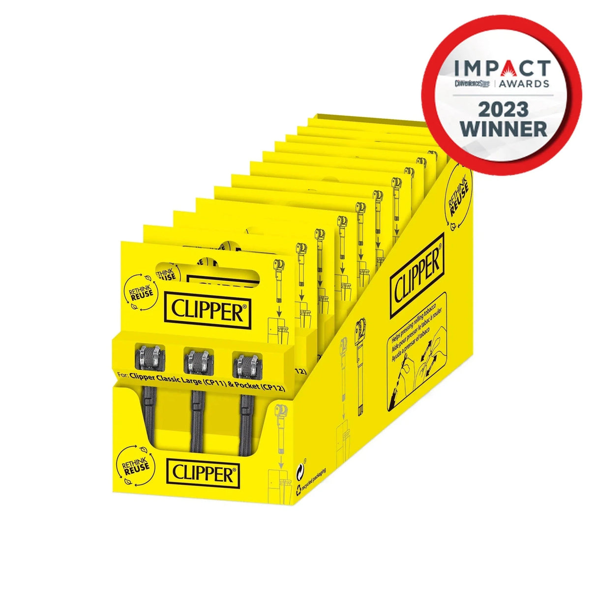 Spark Wheel Replacement - 12 Pack shown in a yellow box with black text, featuring replaceable packing tool. Packaging includes 3 units per pack, 12 packs total.