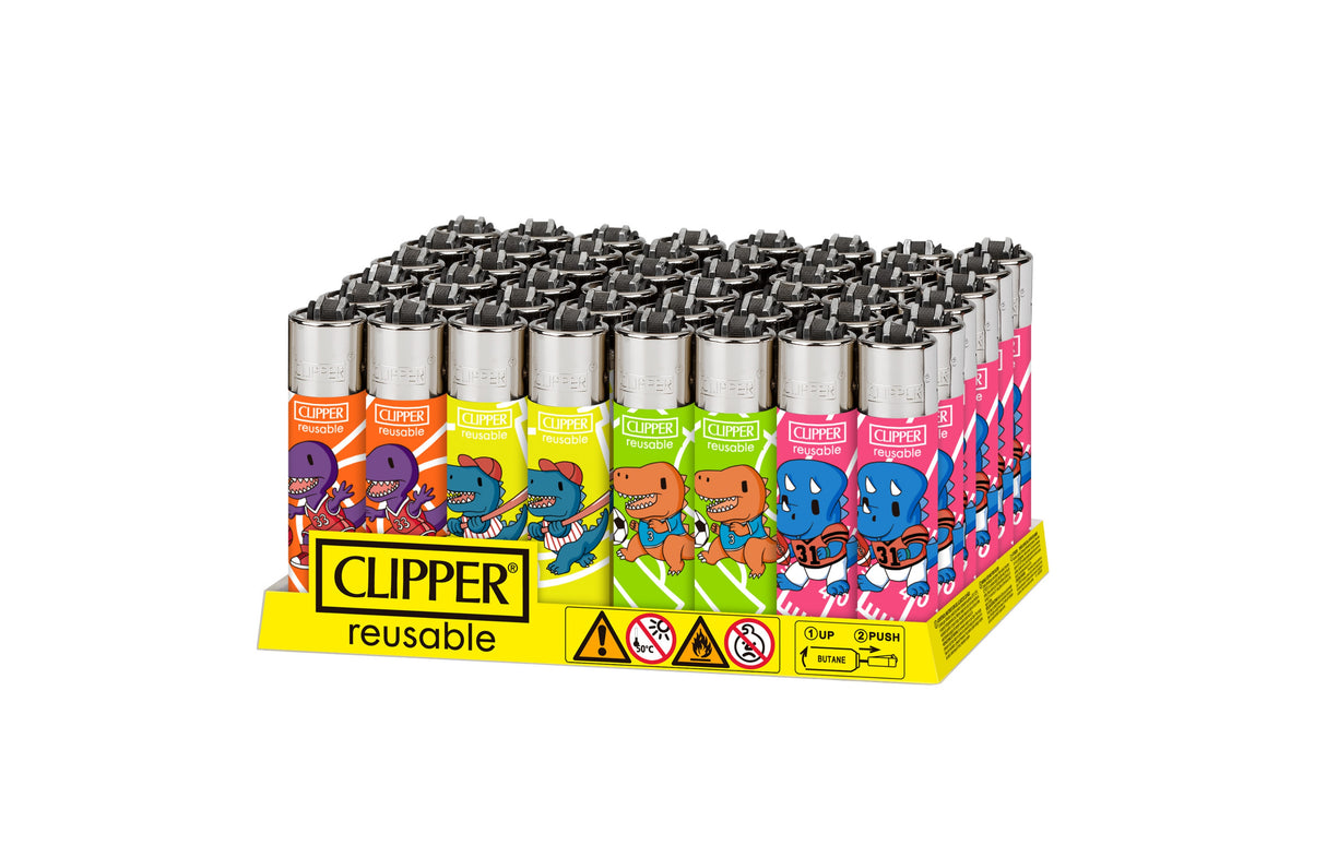 Classic Large Lighters Dino Sports - 48 Pack displayed with colorful dinosaur sports designs, featuring refillable butane, built-in packing tool, and flint replacement options.