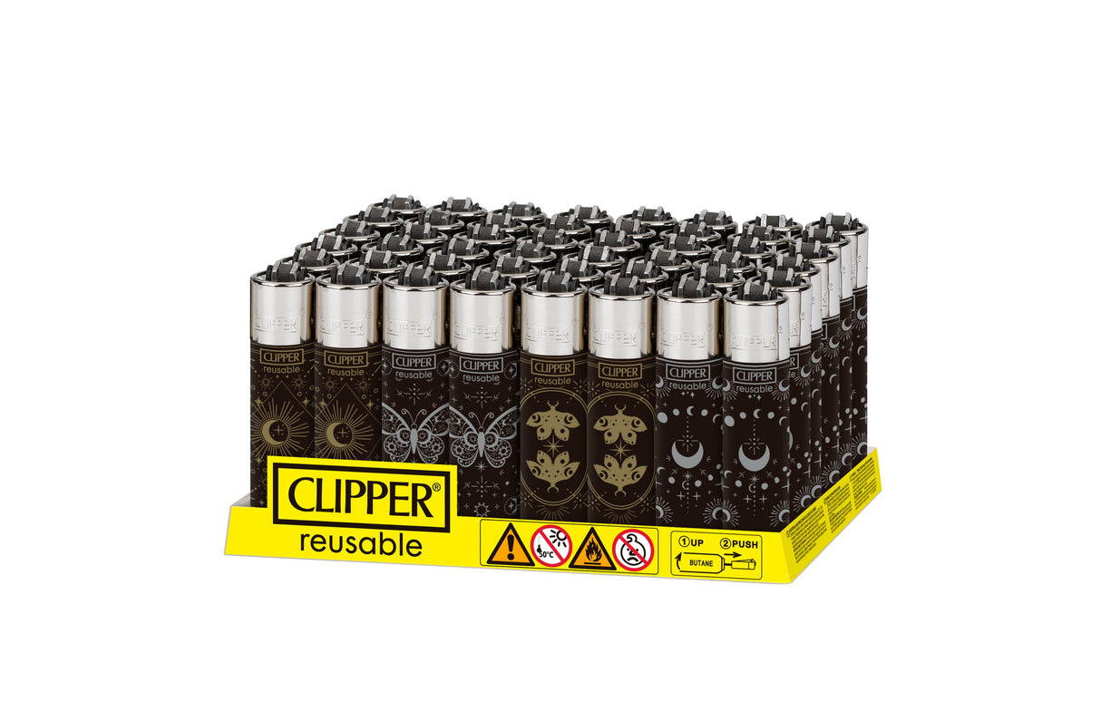 Classic Large Lighters Space Area 4 - 48 Pack displayed on a tray, featuring celestial designs and metal tops, emphasizing refillable and reusable functionality.