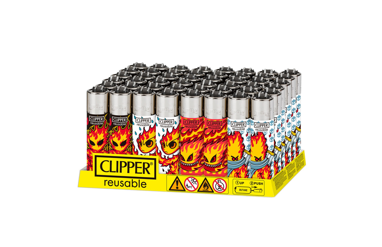 Clipper® Classic Large Lighters Burningman - 48 Pack displayed in a retail tray, featuring bold flame designs, reusable with a built-in packing tool for pre-rolls.