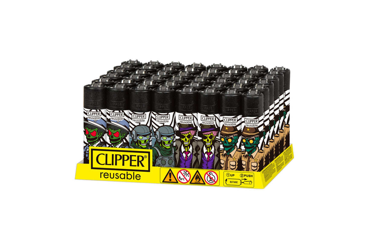 Display tray of Classic Large Lighters Zombie Force - 48 Pack, featuring zombie-themed designs with built-in packing tools. Refillable, reusable, and suitable for pre-rolls.