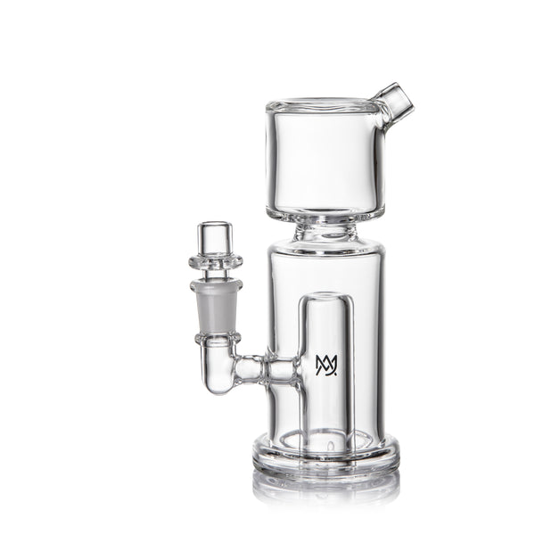 Column Mini Dab Rig - Clear glass with built-in percolator and removable banger, designed for vaporizing concentrates. Compact, durable borosilicate construction.