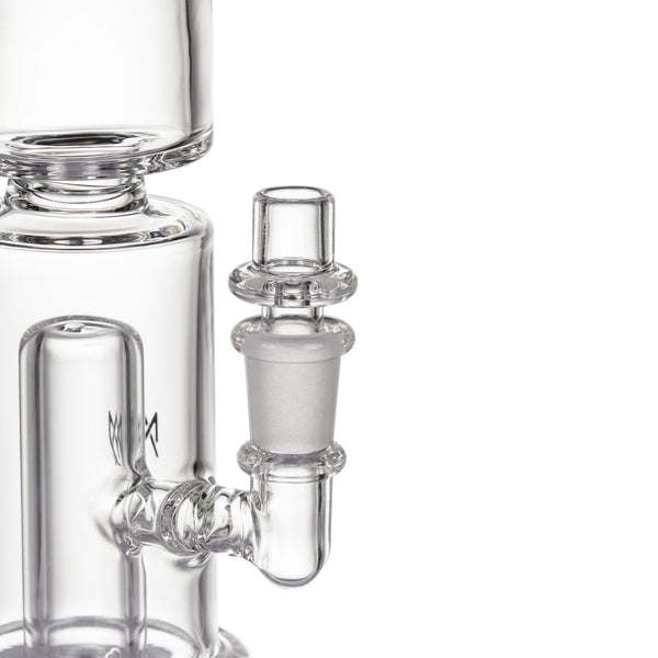 Column Mini Dab Rig - Clear: Close-up of a borosilicate glass body with a built-in percolator and 90° angled joint for a 10mm connection.