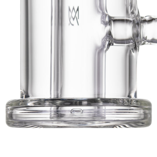 Column Mini Dab Rig - Clear: Close-up of the thick, flat base and cylindrical chamber with a joint for attachments, made from durable borosilicate glass.