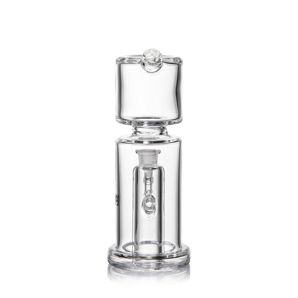 Column Mini Dab Rig - Clear: Compact clear glass recycler with cylindrical base, internal percolator, and quartz banger, crafted for efficient portability and durability.