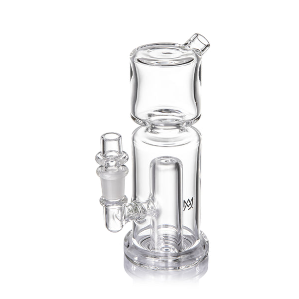 Column Mini Dab Rig - Clear: Compact glass water pipe with recycler top, internal percolator, angled mouthpiece, removable bowl; durable borosilicate glass, 10mm connection.