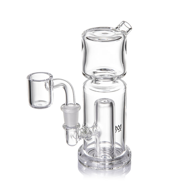 Column Mini Dab Rig - Clear: A compact, all-glass setup featuring a cylindrical base, recycler tube, 90-degree quartz banger, and flared mouthpiece for vaporizing concentrates.