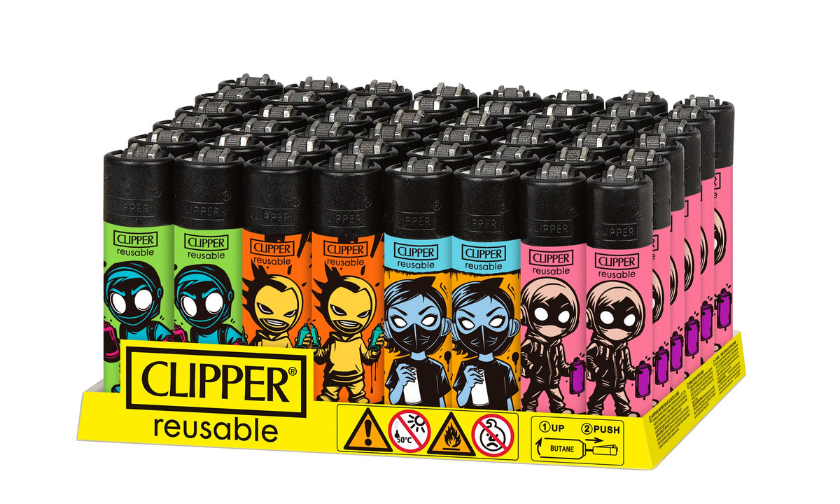 Classic Large CP11 - Spray Crew - 48 Lighters displayed on a yellow tray, showcasing colorful, cartoon-style designs with reusable features and safety pictograms.