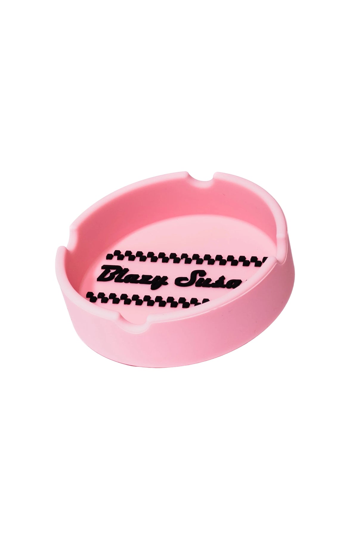 Classic Ashtray: A compact, round, silicone tray featuring a black checker-stripe design, Blaexy Susa lettering, and three notches for resting cigarettes.