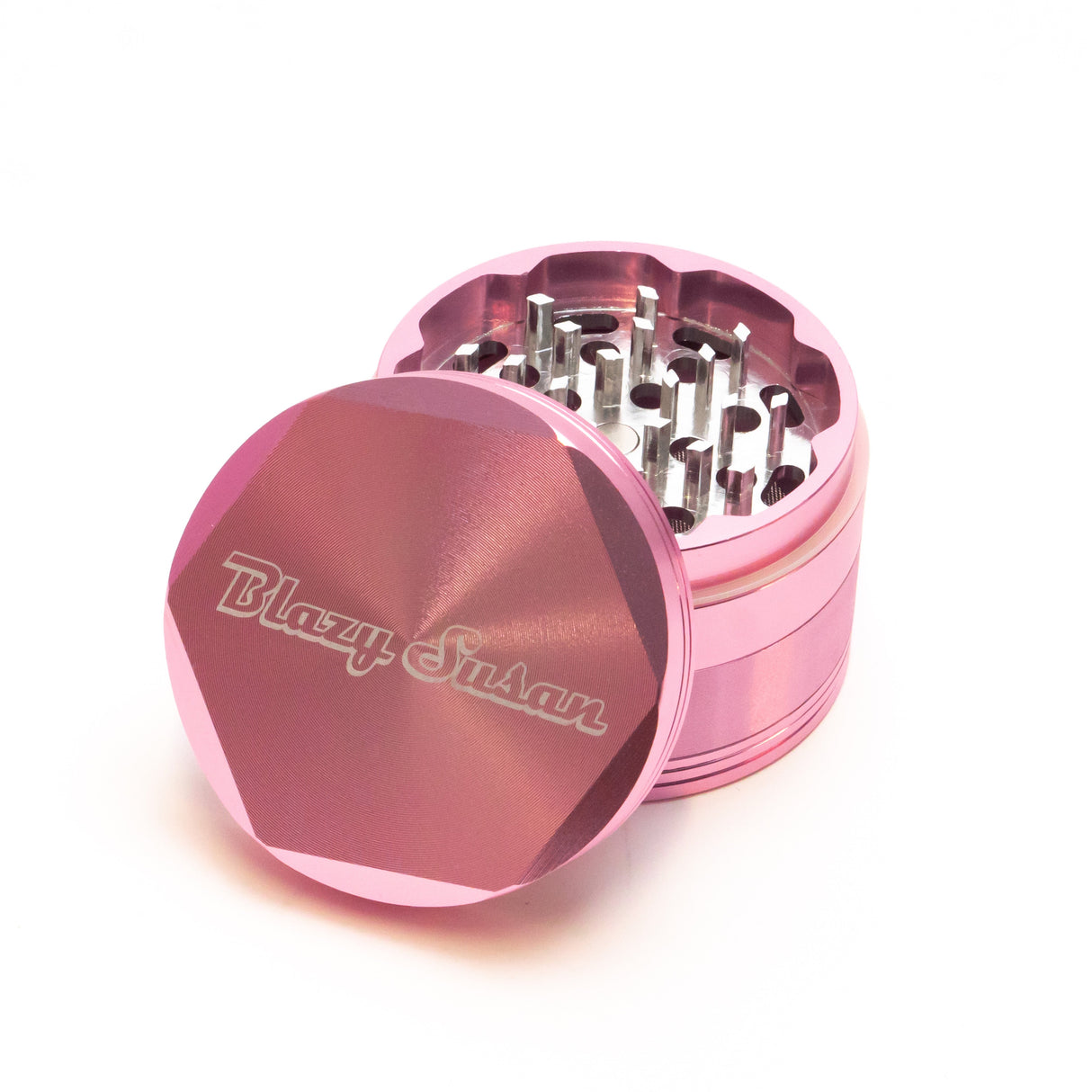 Blazy Susan 4-piece Aluminum Grinder 2.5 in metallic pink, featuring laser-etched branding and interlocking teeth for efficient herb grinding.