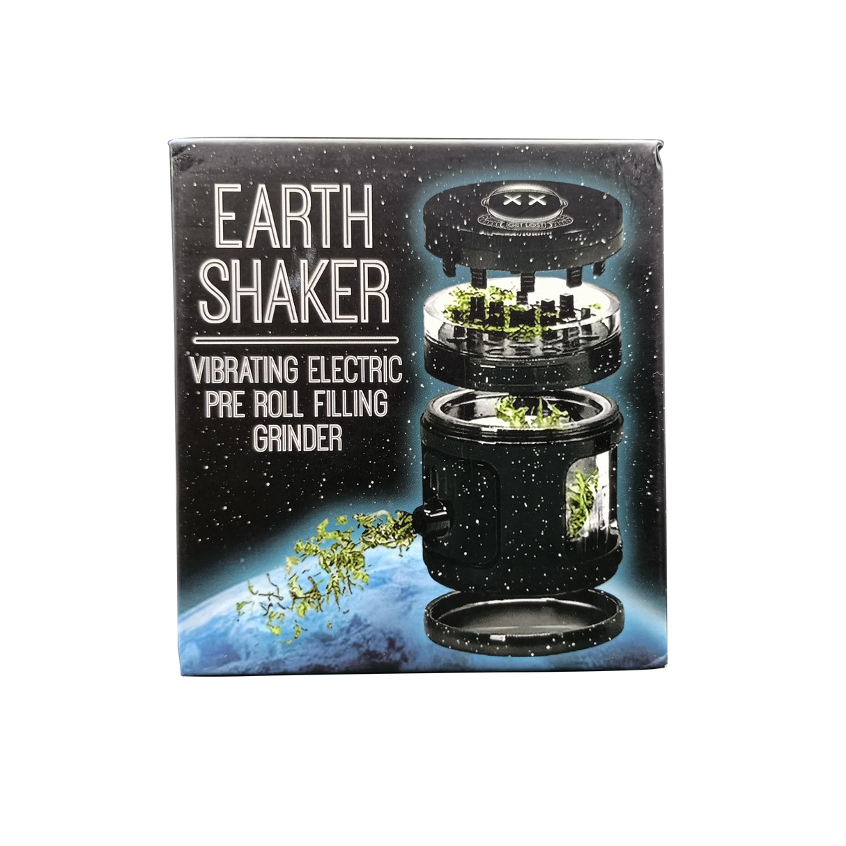 Earth Shaker Electric Herb Grinder & Dispenser retail packaging, showing an exploded-view of the grinder's parts with herbs, highlighting its grinding and dispensing features.