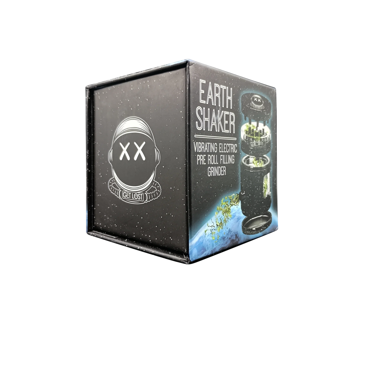 Earth Shaker Electric Herb Grinder & Dispenser packaging with astronaut-helmet logo, slogan GET LOST, and description emphasizing electric grinding, automatic dispensing, and portability.