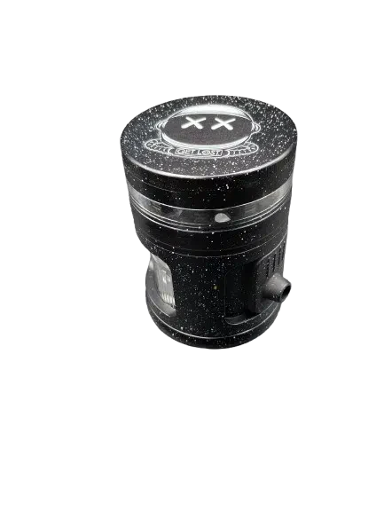 Earth Shaker Electric Herb Grinder & Dispenser, featuring a speckled black, multi-piece design with grinding teeth and a fine-mesh sifting screen, ideal for herbs.