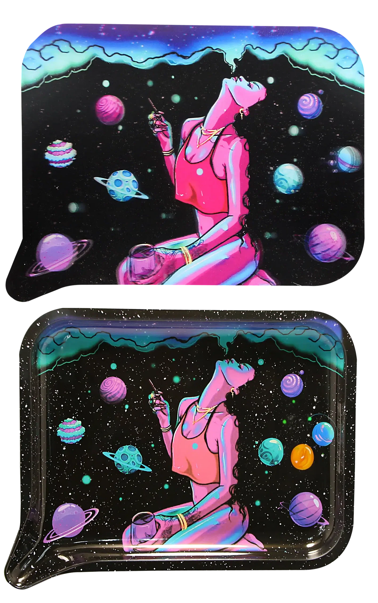 Rolling Tray Medium w Lid - Smoking on Planets: Features a vibrant cosmic woman illustration, 3D magnetic lid, and funnel edge for organized, mess-free use.
