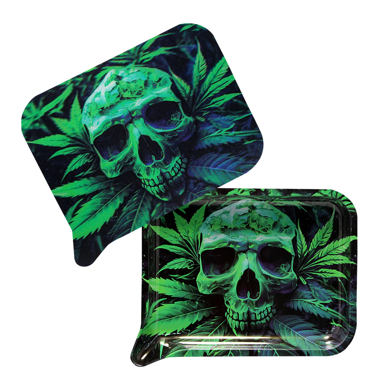 Rolling Tray Medium w Lid - Green Skull, showing two views with a glowing-green skull motif, features a 3D magnetic lid and built-in funnel edge for easy use.