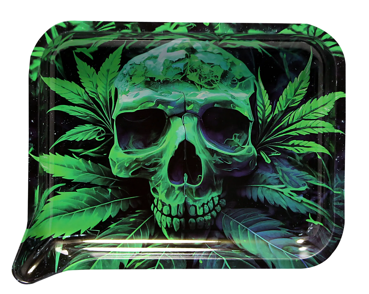 Rolling Tray Medium w Lid - Green Skull shows a neon-green skull graphic on a metal tray with a 3D magnetic lid and built-in funnel edge.