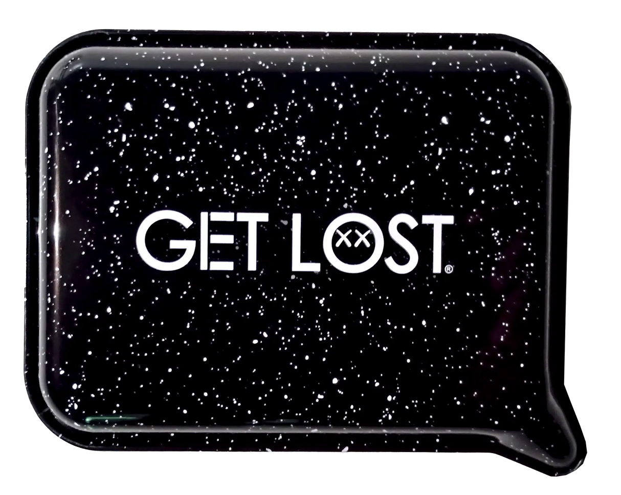 Black, speech-bubble–shaped tray with GET LOST text, featuring a cartoon dead face O. Compact, glossy design ideal for organizing small materials.