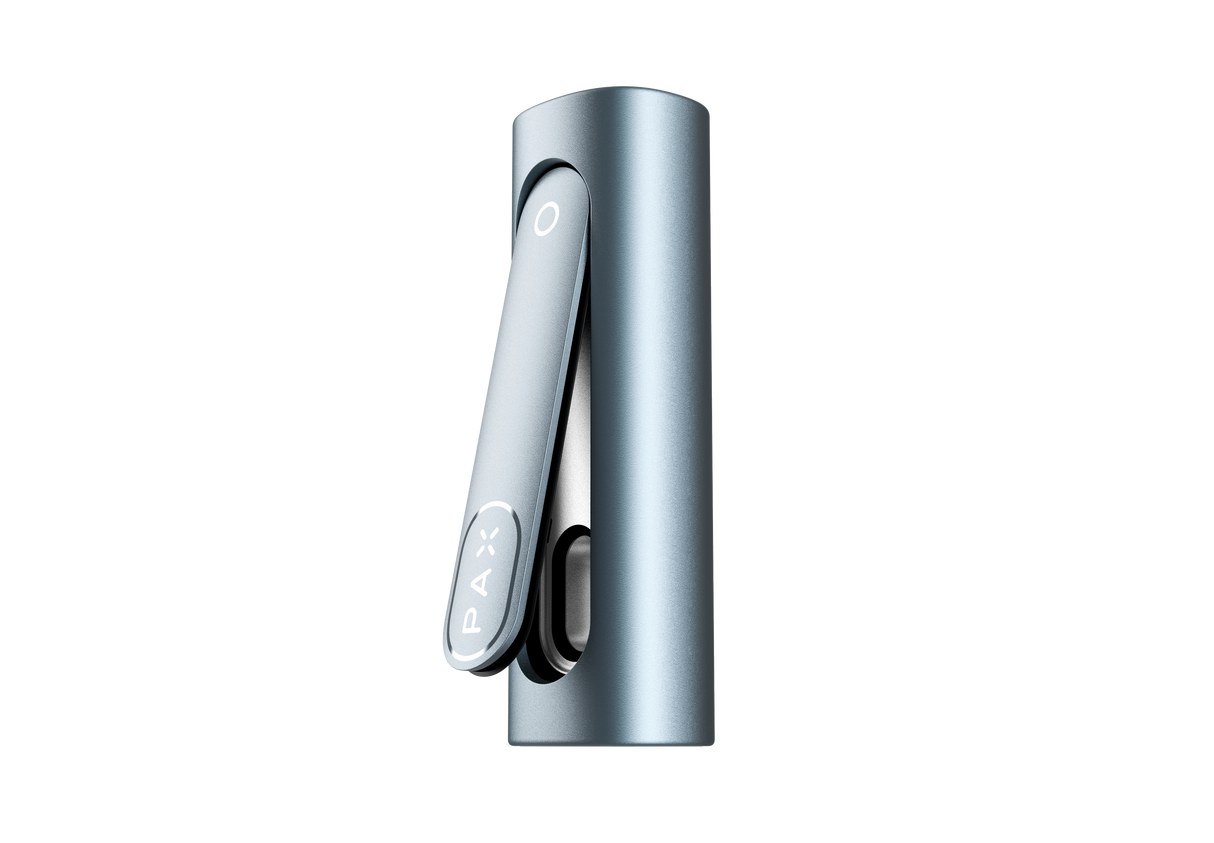 PAX FLOW Dry Herb Vaporizer, sleek silver-blue cylindrical design, featuring PAX logo on clip mouthpiece and circular power button, ideal for smooth, portable vaping.
