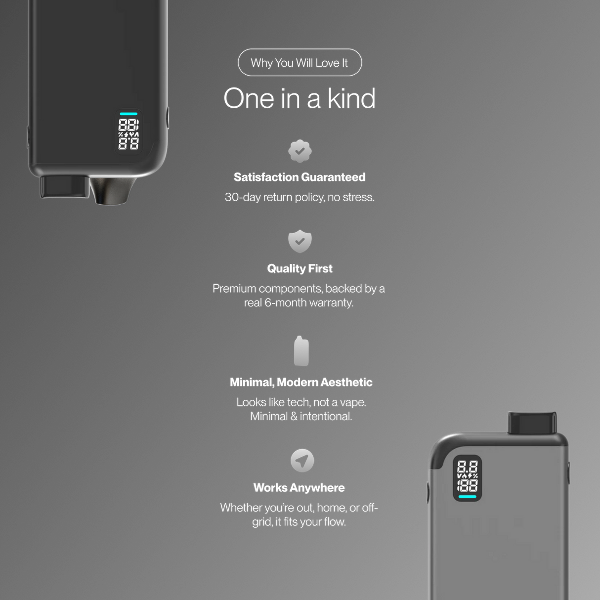 MagBox Magnetic 510 Battery - Silver with LED display, sleek rectangular design, magnetic attachment, and retractable mouthpiece, illustrating modern, portable vaping features and benefits.