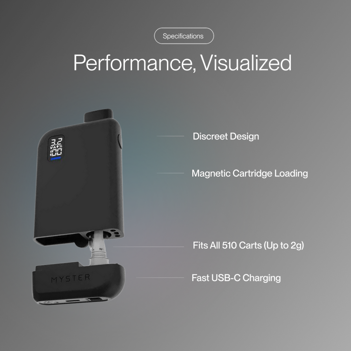 MagBox Magnetic 510 Battery - Silver: Compact, black vape mod with OLED display, magnetic cartridge connector, USB-C charging, and compatibility with 510 cartridges for discreet vaping.