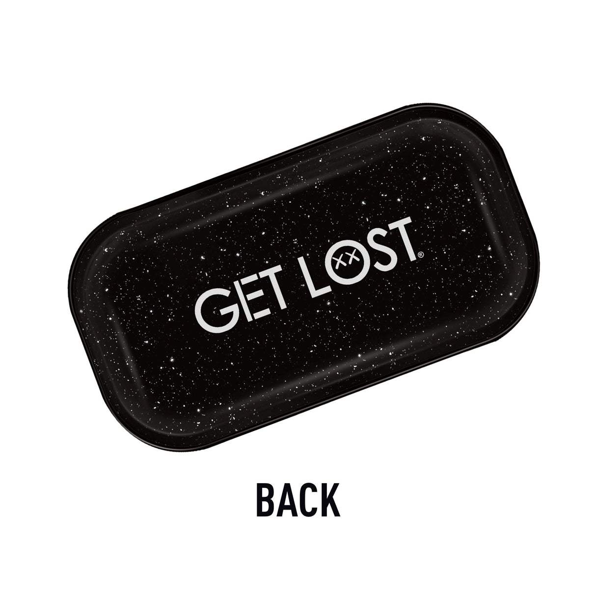Reverse side of Rolling Tray Mini w Lid - Pink Hair 3 Eye Girl, displaying a black and white splatter design with GET LOST stamped in bold white letters.
