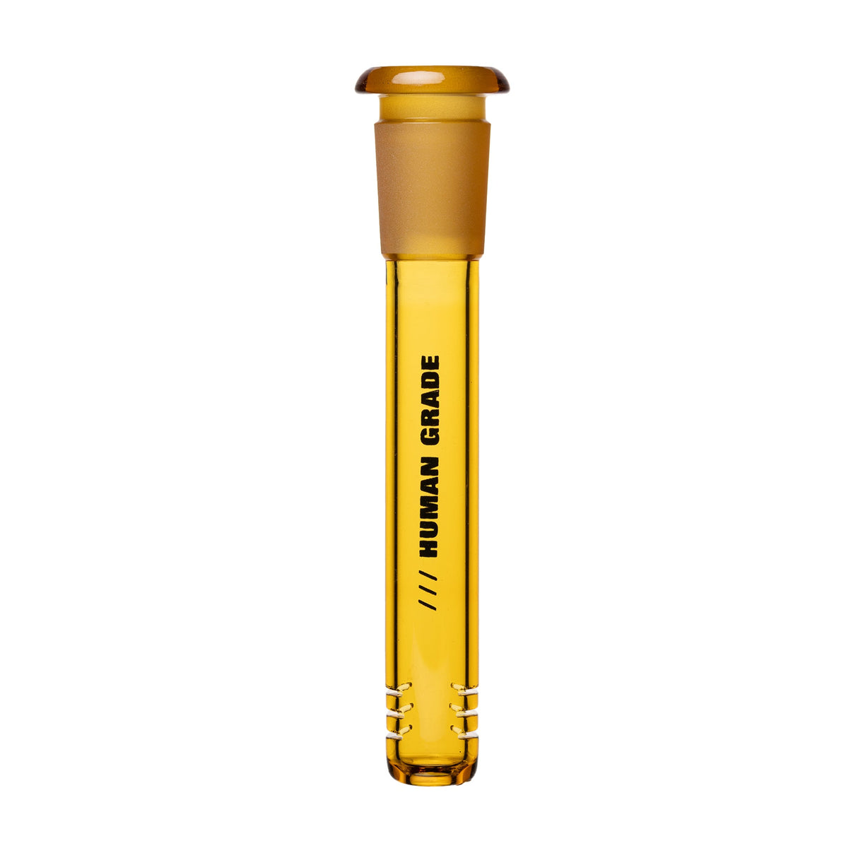 Amber-yellow glass downstem with HUMAN GRADE text, visible diffuser slits, designed for 14mm water pipes. Ideal for retail with precision fit and durable construction.